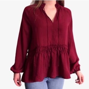 NWOT Loft Cranberry Flowy Flounce Ruffle Semi Sheer Peasant Poet Blouse Peplum